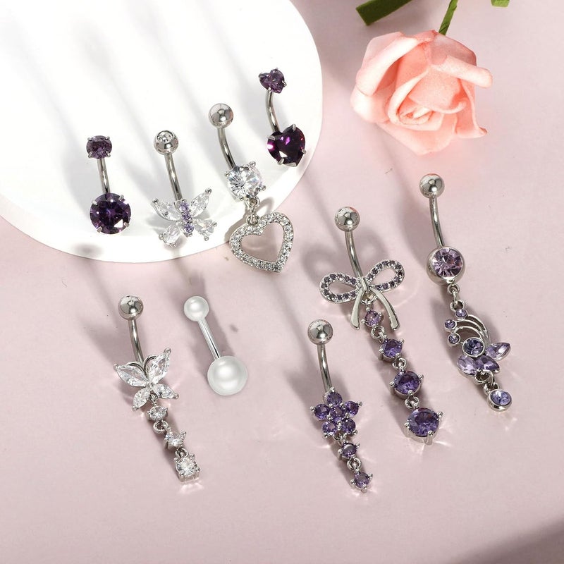 Suotarn 14G Belly Button ring Dangle Belly Rings Surgical Stainless Steel Cute Bow Butterfly Heart Flower Dangling Belly Button Piercing Jewelry For Women Silver Dainty Dangly Navel Ring - Image 5
